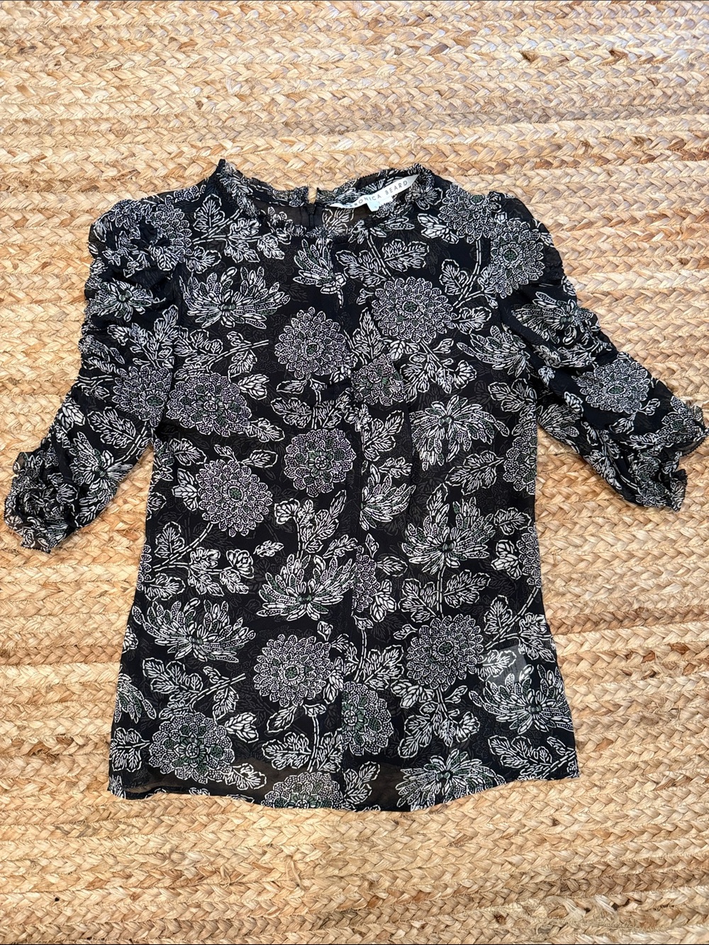 Veronica Beard Black Floral Puff-Sleeve Blouse sz 0